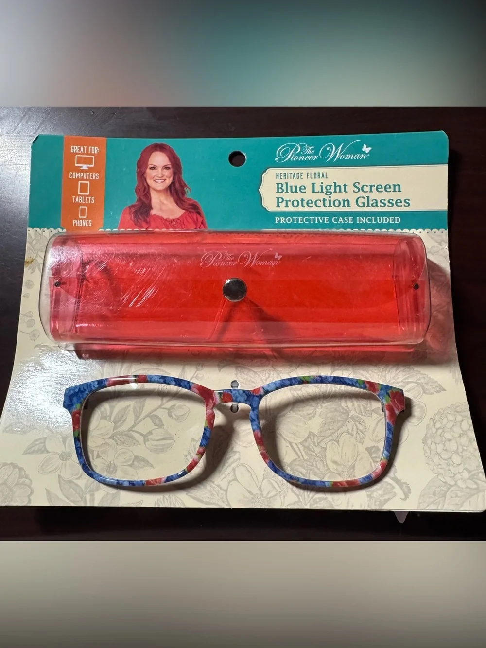 The Pioneer Woman Blue Light Glasses with Orange Case Floral Blue and Red